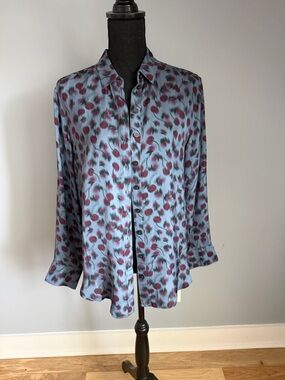 J. Crew Blue Satin Blouse with Cherry  Print